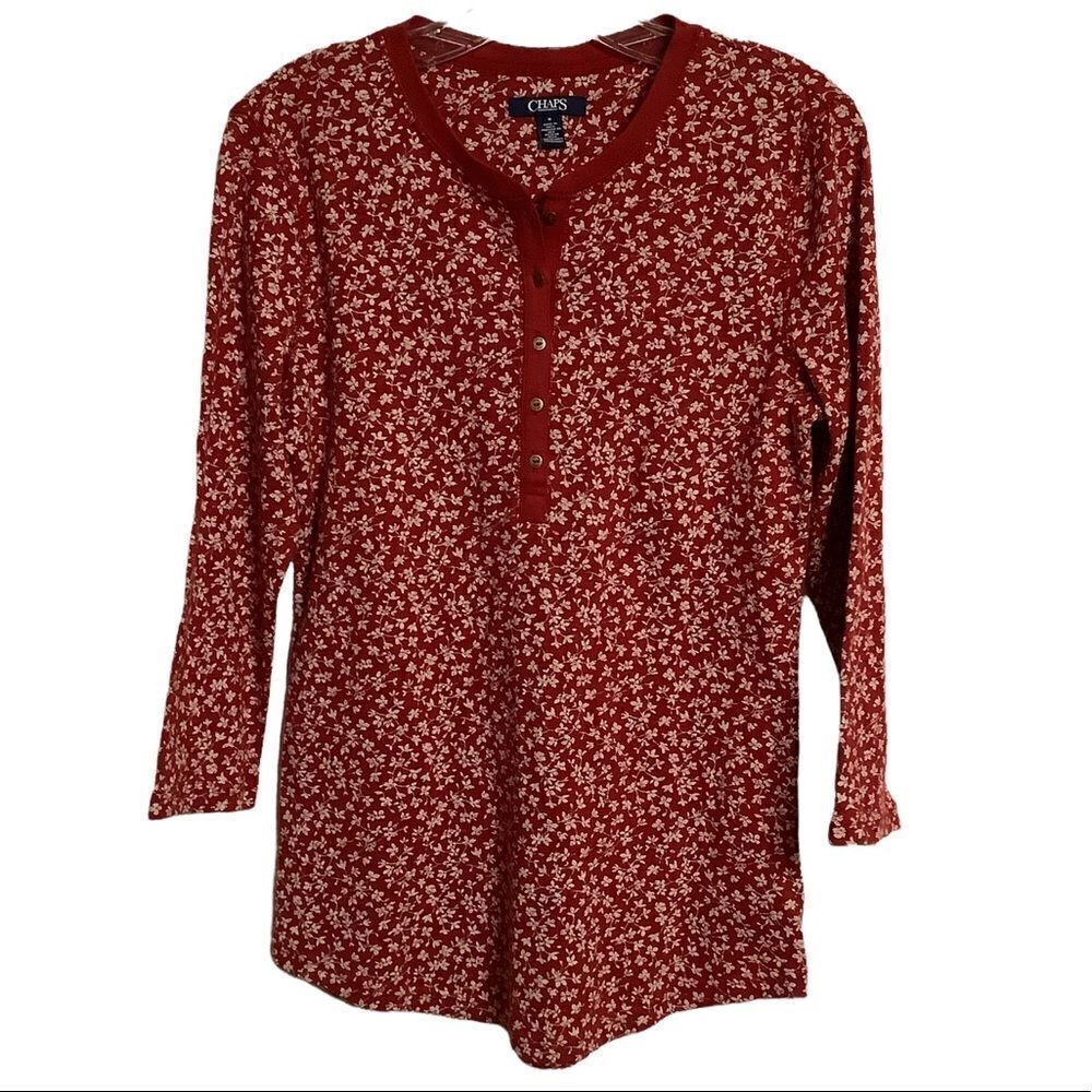 CHAPS Ditzy Print Red Long Sleeve Henley Top - Picture 2 of 9